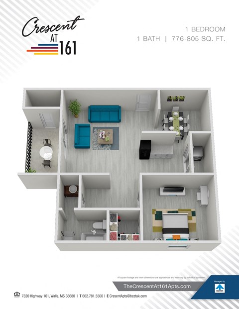 Floor plan for 1 bed, 1 bath, 776 sqft